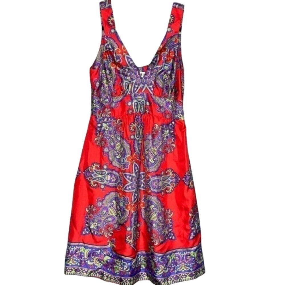 Tibi Silk Dress 4 Red Purple Paisley Boho Mini Babydoll V-neck Sleeveless Empire